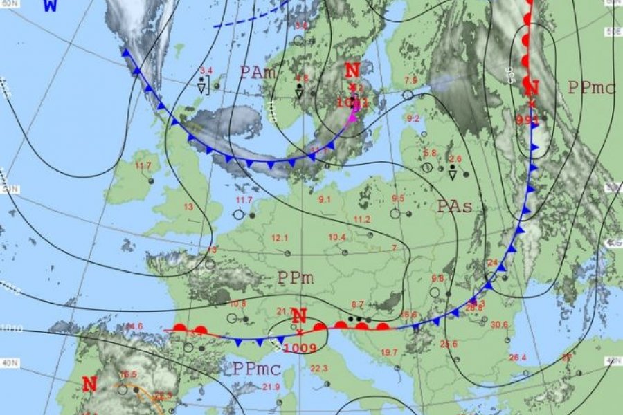 Ilustracja: Mapa synoptyczna z dnia 12 maja 2020 roku z godziny 12:00. Źródło: Pogodynka.pl
