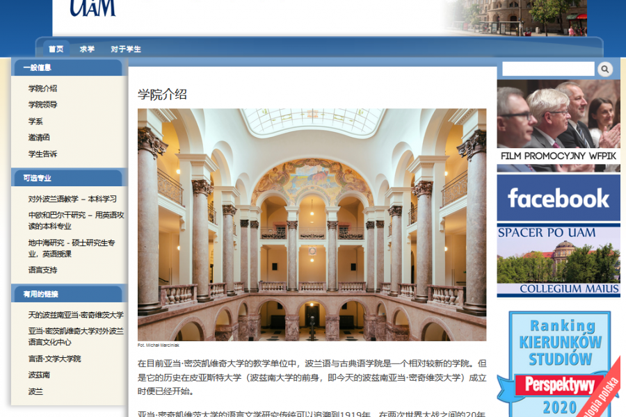 Strona WFPiK po chińsku